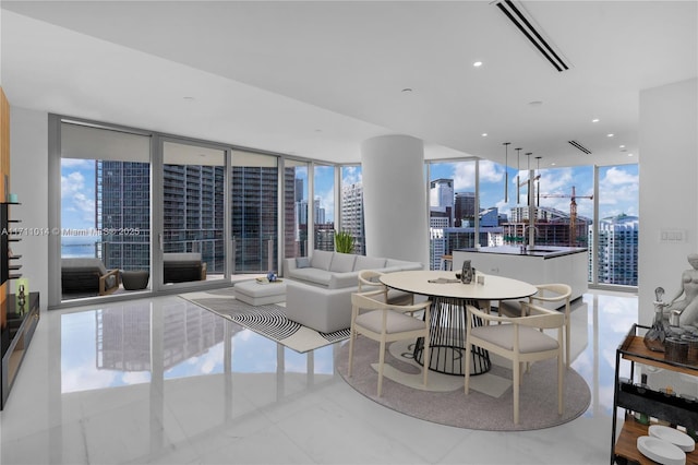 living room featuring a wealth of natural light, expansive windows, and sink