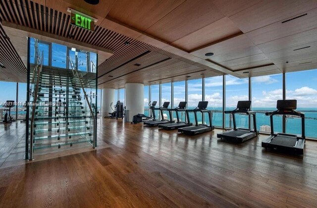 exercise room featuring a water view, expansive windows, a healthy amount of sunlight, and hardwood / wood-style floors