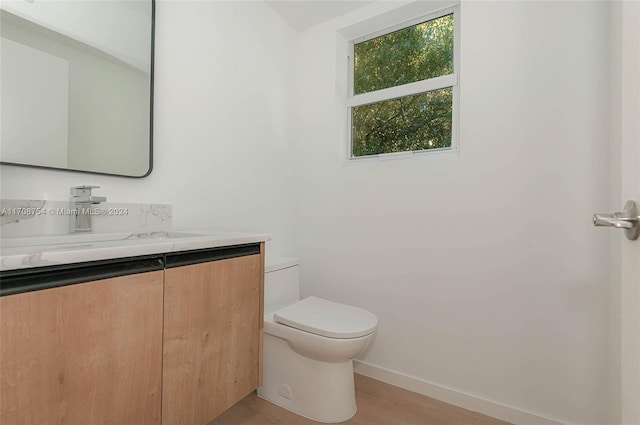 bathroom featuring wood-type flooring, vanity, and toilet