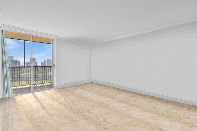 spare room with crown molding and expansive windows