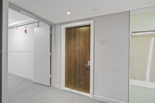 interior space with light carpet and a closet