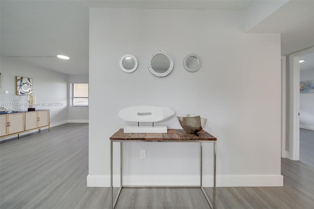 interior space featuring wood-type flooring and a textured ceiling