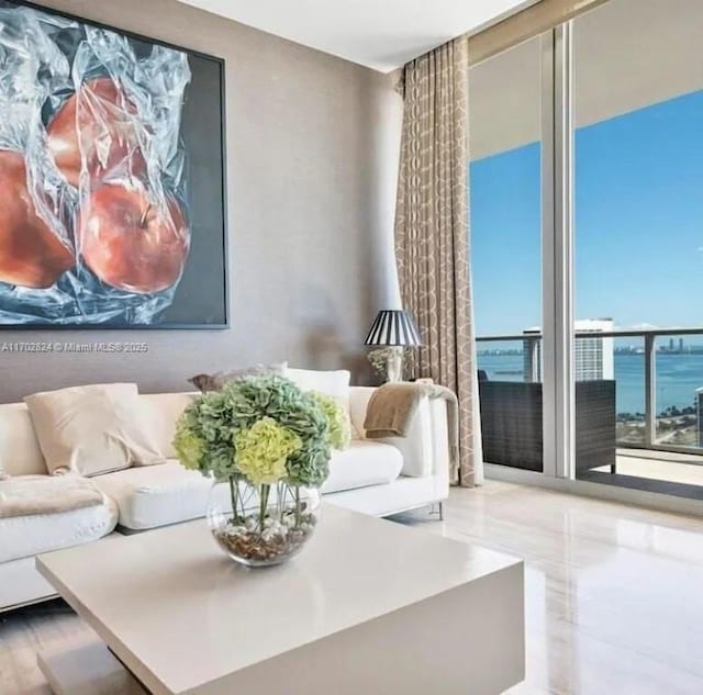 living area featuring a water view and a wall of windows