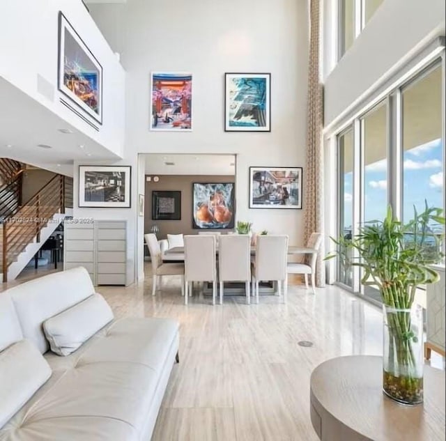 living room featuring a high ceiling