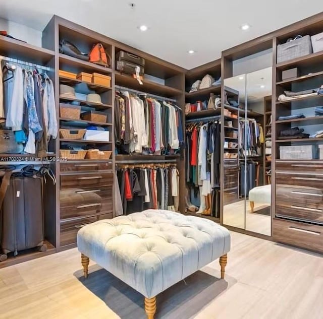 walk in closet with light hardwood / wood-style flooring