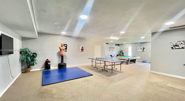 recreation room featuring light carpet and pool table