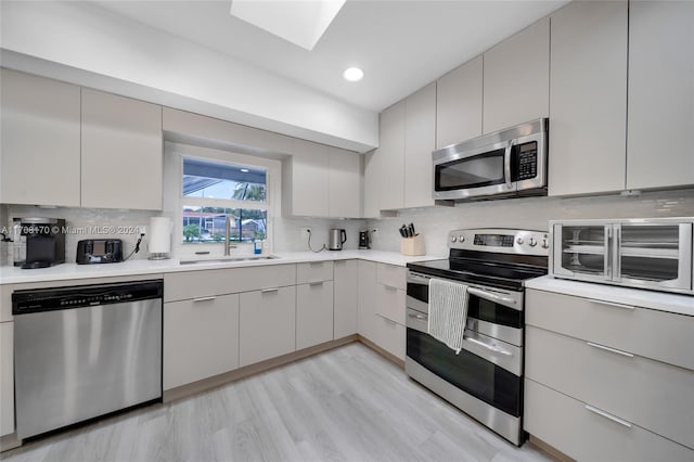 kitchen featuring decorative backsplash, light hardwood / wood-style floors, sink, and stainless steel appliances