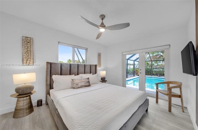 bedroom featuring ceiling fan, access to outside, and light hardwood / wood-style flooring