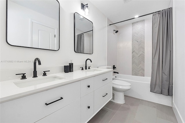 full bathroom with tile patterned floors, vanity, shower / bath combination with curtain, and toilet