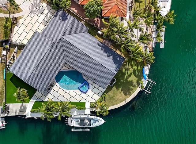 aerial view featuring a water view