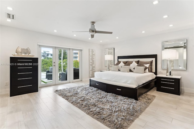 bedroom featuring access to exterior, french doors, ceiling fan, and light wood-type flooring