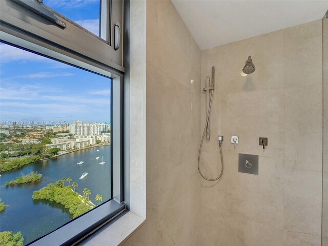 17301 Biscayne Blvd Unit 2008, North Miami Beach, FL 33160 - bathroom with a water view, a tile shower, and a city view