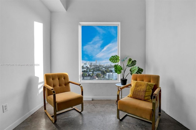 living area with concrete flooring