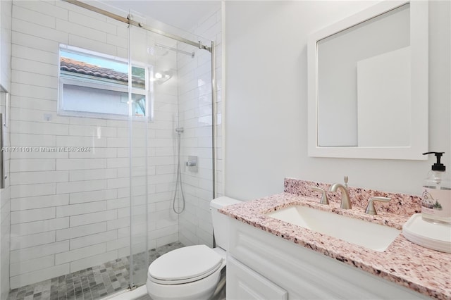 bathroom with vanity, an enclosed shower, and toilet