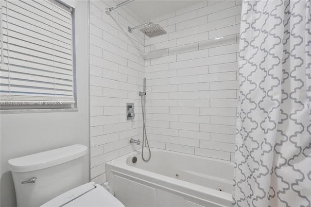 bathroom featuring toilet and shower / bathtub combination with curtain