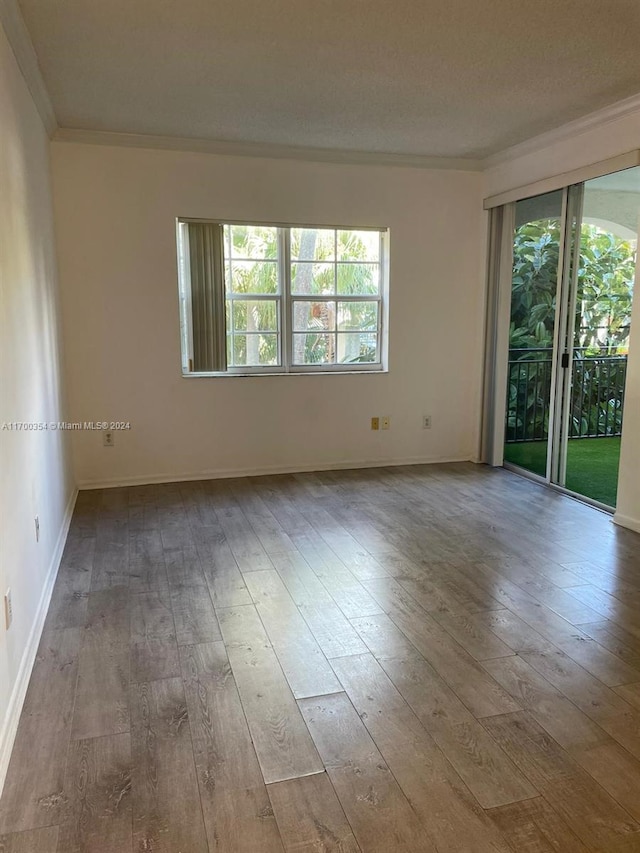 unfurnished room featuring light hardwood / wood-style floors, a textured ceiling, and ornamental molding