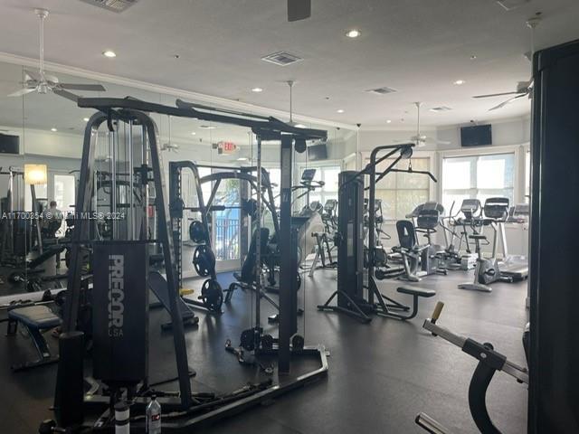 workout area featuring ceiling fan