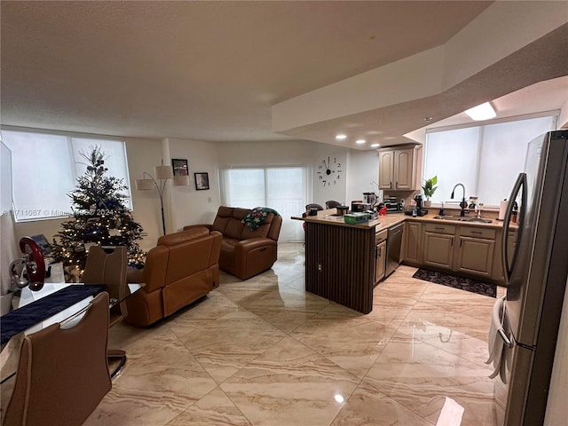 kitchen featuring kitchen peninsula, sink, and appliances with stainless steel finishes