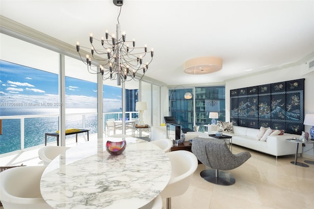 dining area with floor to ceiling windows, a water view, crown molding, light tile patterned floors, and a chandelier