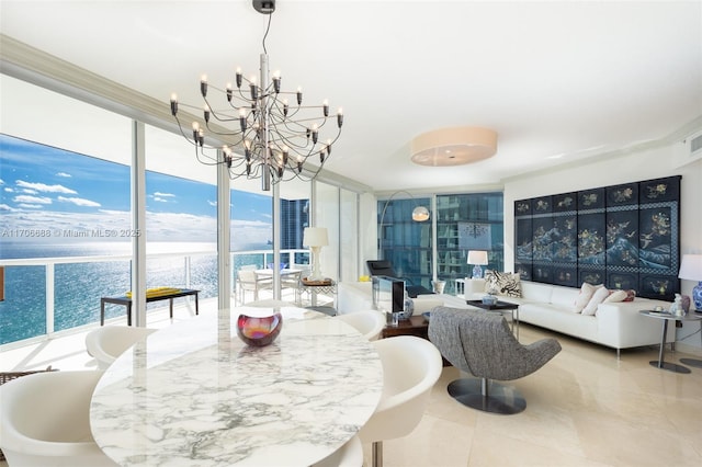 18671 Collins Ave Unit 3101, Sunny Isles Beach, FL 33160 - dining space featuring expansive windows, a chandelier, a water view, tile patterned floors, and ornamental molding