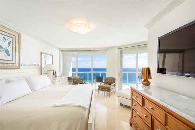 tiled bedroom with a textured ceiling, floor to ceiling windows, crown molding, and access to outside