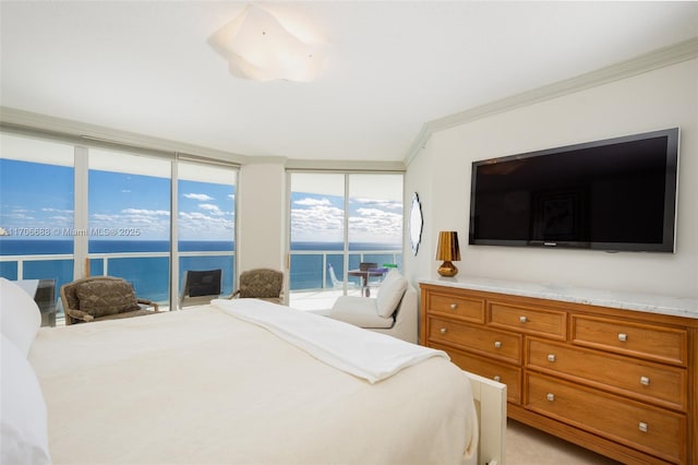 bedroom featuring access to exterior, floor to ceiling windows, and crown molding