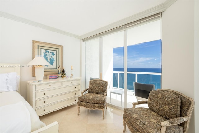 sitting room featuring a water view, a wall of windows, crown molding, and light tile patterned flooring