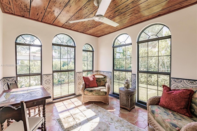 interior space with a healthy amount of sunlight and wood ceiling