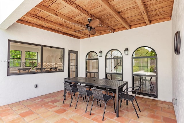 dining space with ceiling fan, beamed ceiling, and wooden ceiling