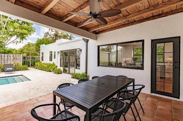 view of patio featuring ceiling fan, a fenced in pool, and french doors