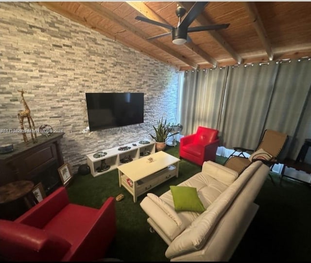 living room featuring vaulted ceiling with beams, ceiling fan, and wood ceiling