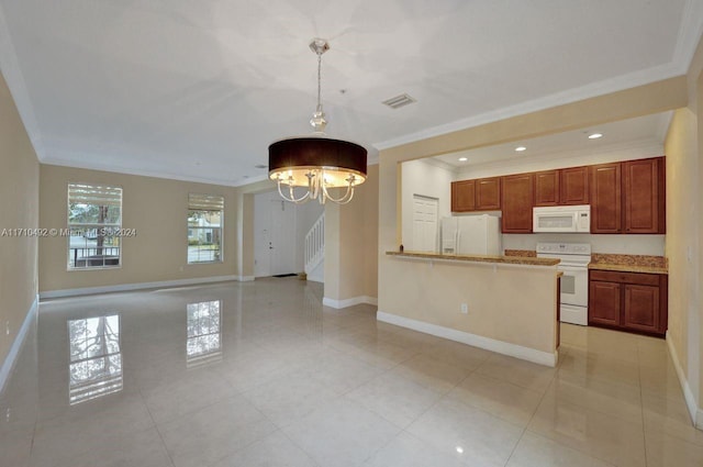 kitchen featuring kitchen peninsula, white appliances, crown molding, decorative light fixtures, and a chandelier