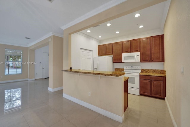 kitchen featuring white appliances, crown molding, light stone countertops, light tile patterned floors, and kitchen peninsula