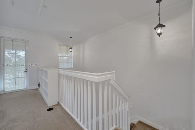 corridor featuring carpet floors, ornamental molding, and an upstairs landing