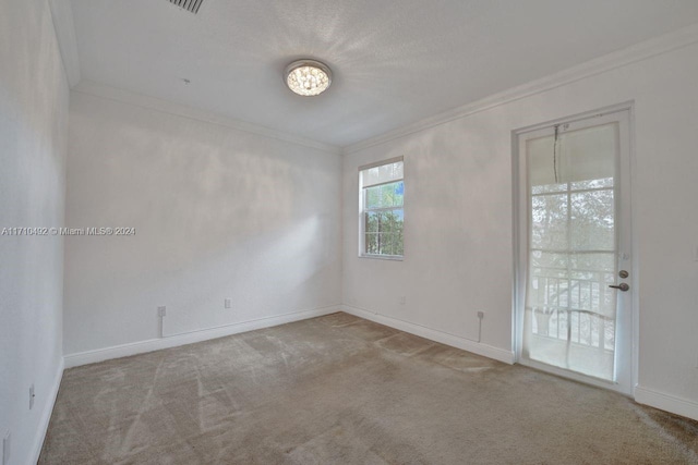 spare room with crown molding and light colored carpet