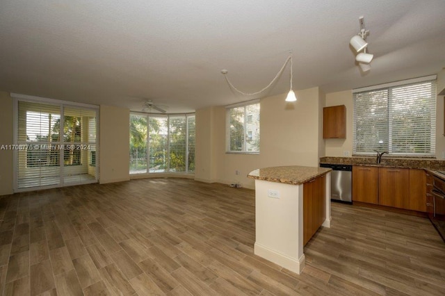 kitchen with hanging light fixtures, hardwood / wood-style floors, a kitchen island, and stainless steel dishwasher