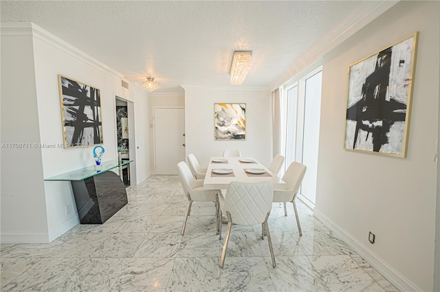 dining area with crown molding, a textured ceiling, and an inviting chandelier