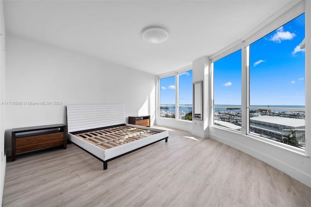 bedroom featuring a water view and light wood-type flooring