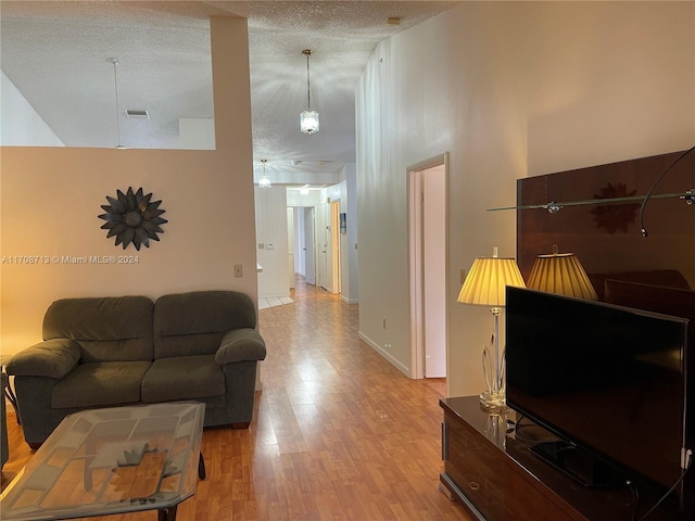 living room featuring a textured ceiling and light hardwood / wood-style flooring