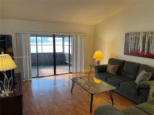 living room with hardwood / wood-style flooring and a textured ceiling