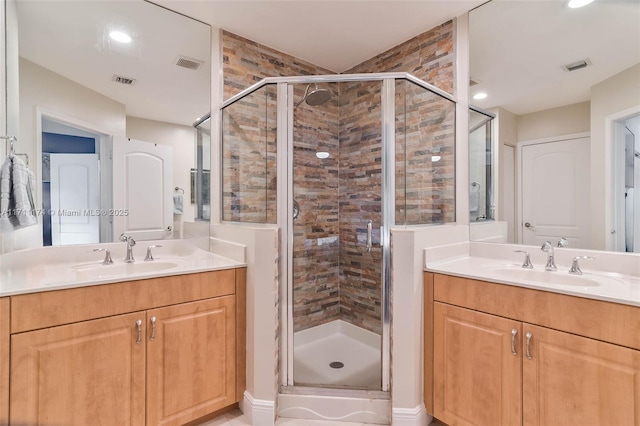 bathroom featuring vanity and a shower with door