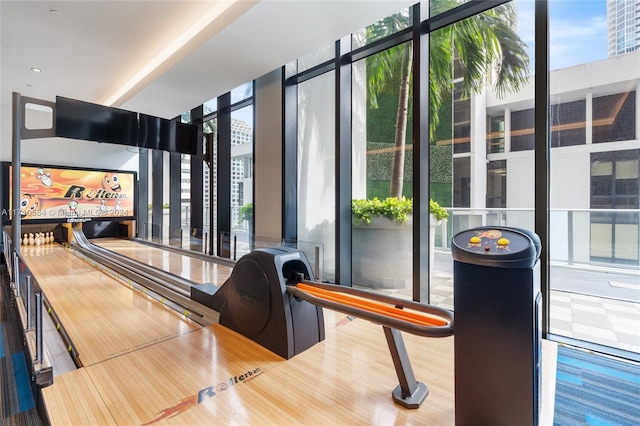 game room with expansive windows, a bowling alley, plenty of natural light, and wood-type flooring