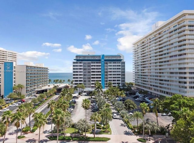 view of building exterior with a water view