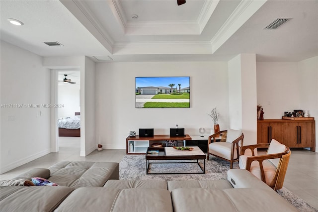 4536 N Silverwood Ln N, Oakland Park, FL 33309 - living room featuring a ceiling fan, light tile patterned flooring, crown molding, and visible vents