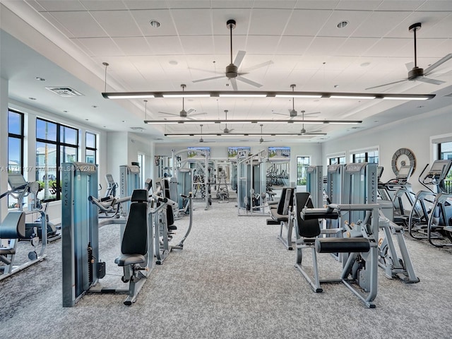 4536 N Silverwood Ln N, Oakland Park, FL 33309 - workout area featuring carpet, visible vents, a ceiling fan, and plenty of natural light