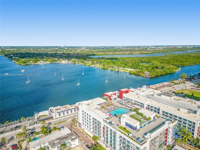 aerial view featuring a water view