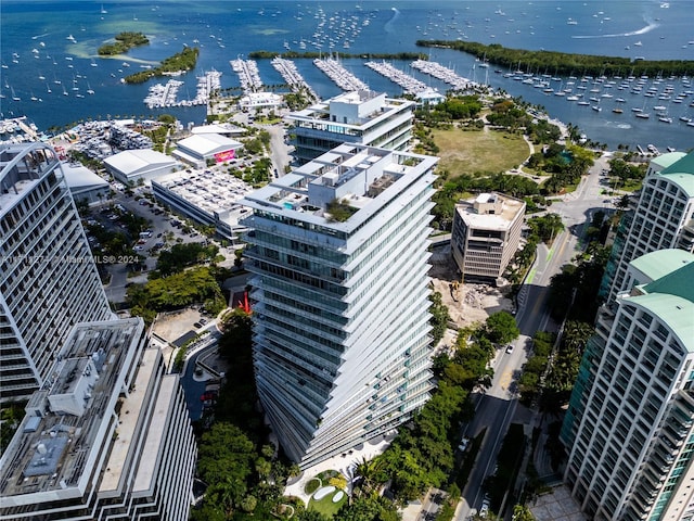 bird's eye view with a water view