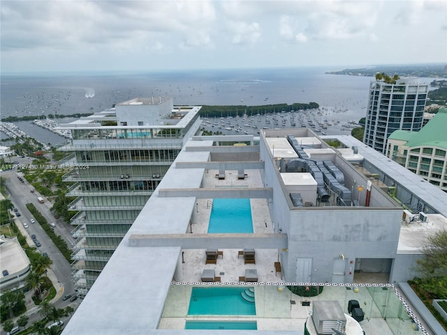 aerial view featuring a water view