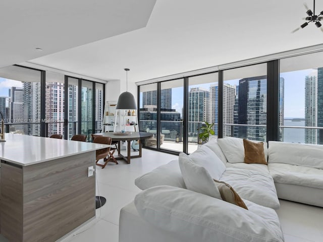 living room featuring expansive windows and light tile patterned floors