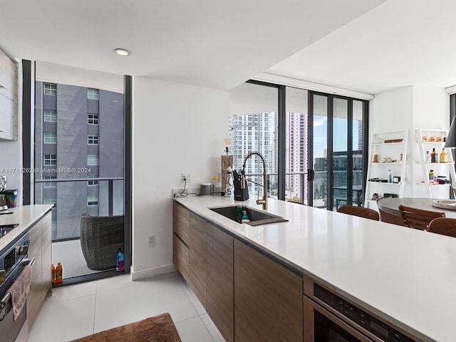 kitchen featuring appliances with stainless steel finishes, dark brown cabinets, sink, light tile patterned floors, and a wall of windows